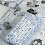 Aqua Angel PBT Keycaps set with durable PBT and exquisite five-sided dye-sublimation. Ethereal blue angelic motifs create a whimsical, premium touch.