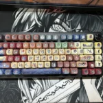 Detailed views of the unique Don't Starve keycap set. Its deeply engraved gothic hand-drawn art style and whimsical dark aesthetic are visible from your setup.