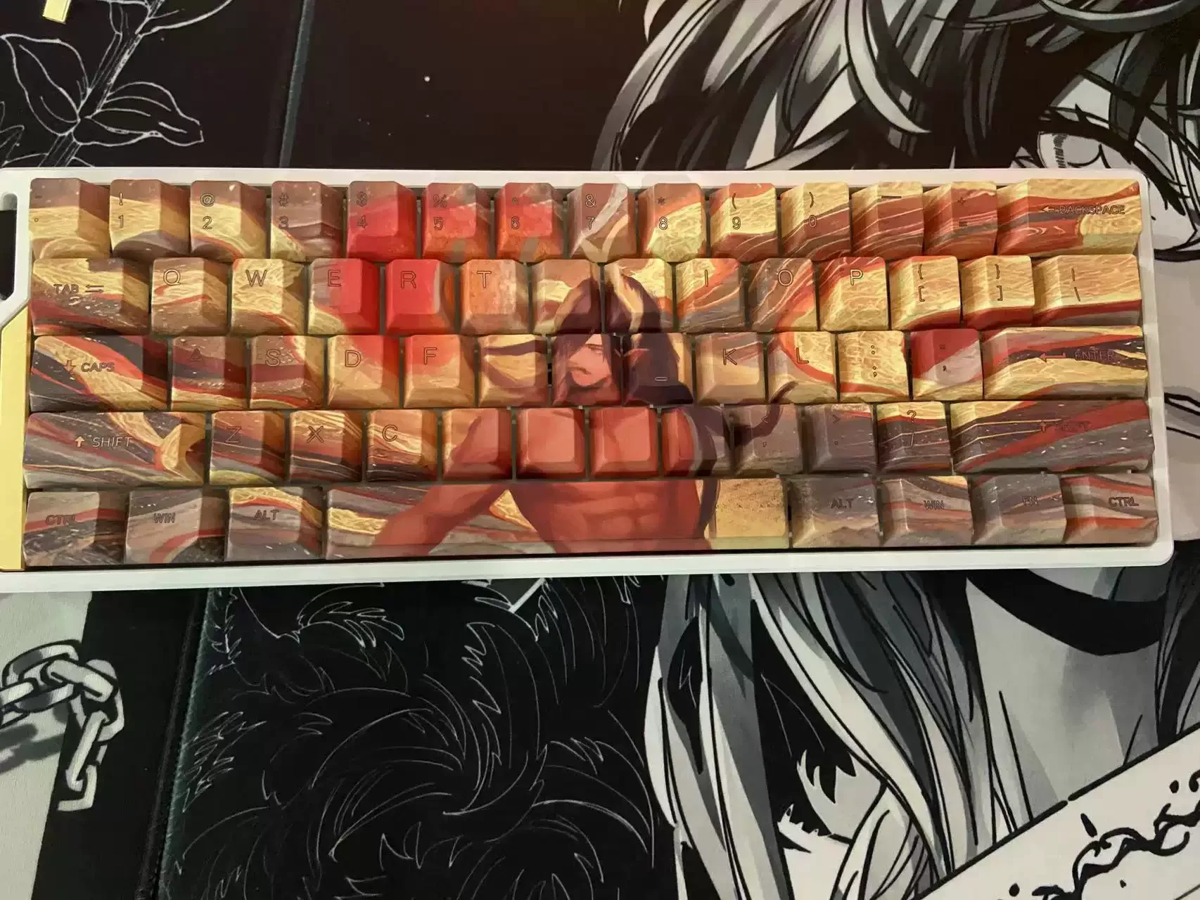 Golden Kuafu Chasing the Sun PBT artisan keycap set. Exclusive five-sided dye-sublimated mythological art, revealed in multiple views.