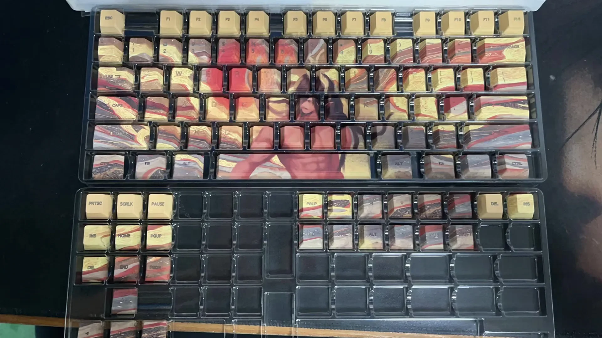 Captivating Kuafu keycap set showcasing a golden mythological figure chasing the sun, an exclusive five-sided dye-sublimated PBT artisan keycap.