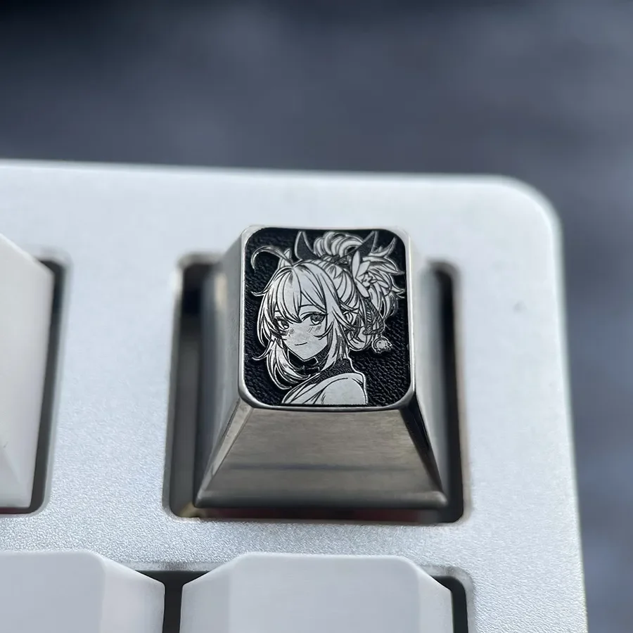 Premium Genshin Impact Yoimiya titanium keycap, finely carved with intricate character details. Features a sophisticated light gray metallic sheen.