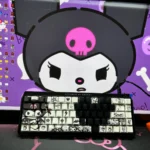 Artistic design showcasing Iconic Kuromi Side Engraved Keycaps. Multiple views focus on the sleek black transparent design and rebellious Kuromi design.