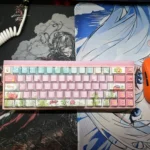 Vibrant pink Kirby keycaps set playfully brings iconic Kirby characters and classic world aesthetics to your mechanical keyboard for whimsical touch.
