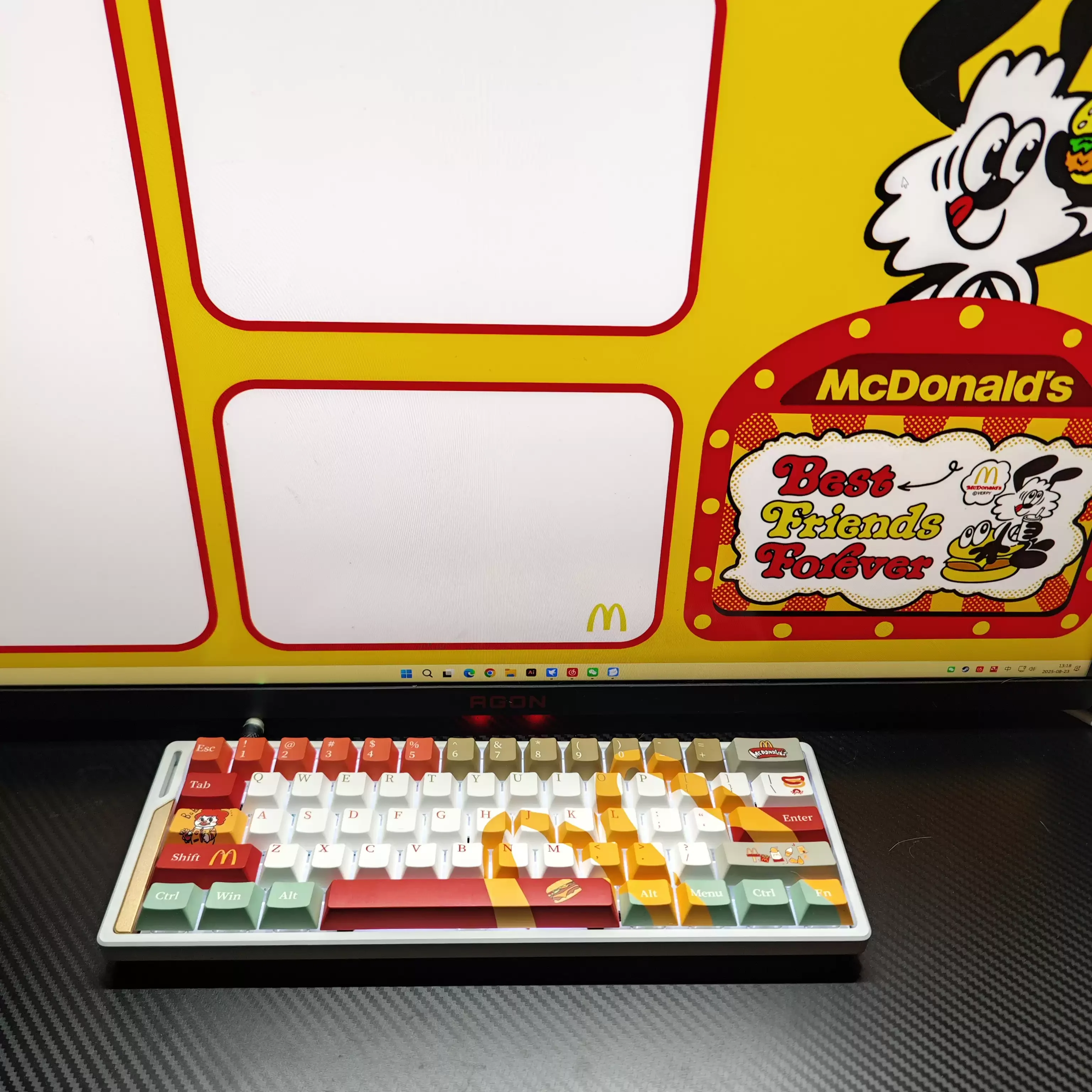 McDonald's Themed keycap set, shown from diverse angles. Iconic bold red and yellow pop culture designs evoke playful nostalgia.