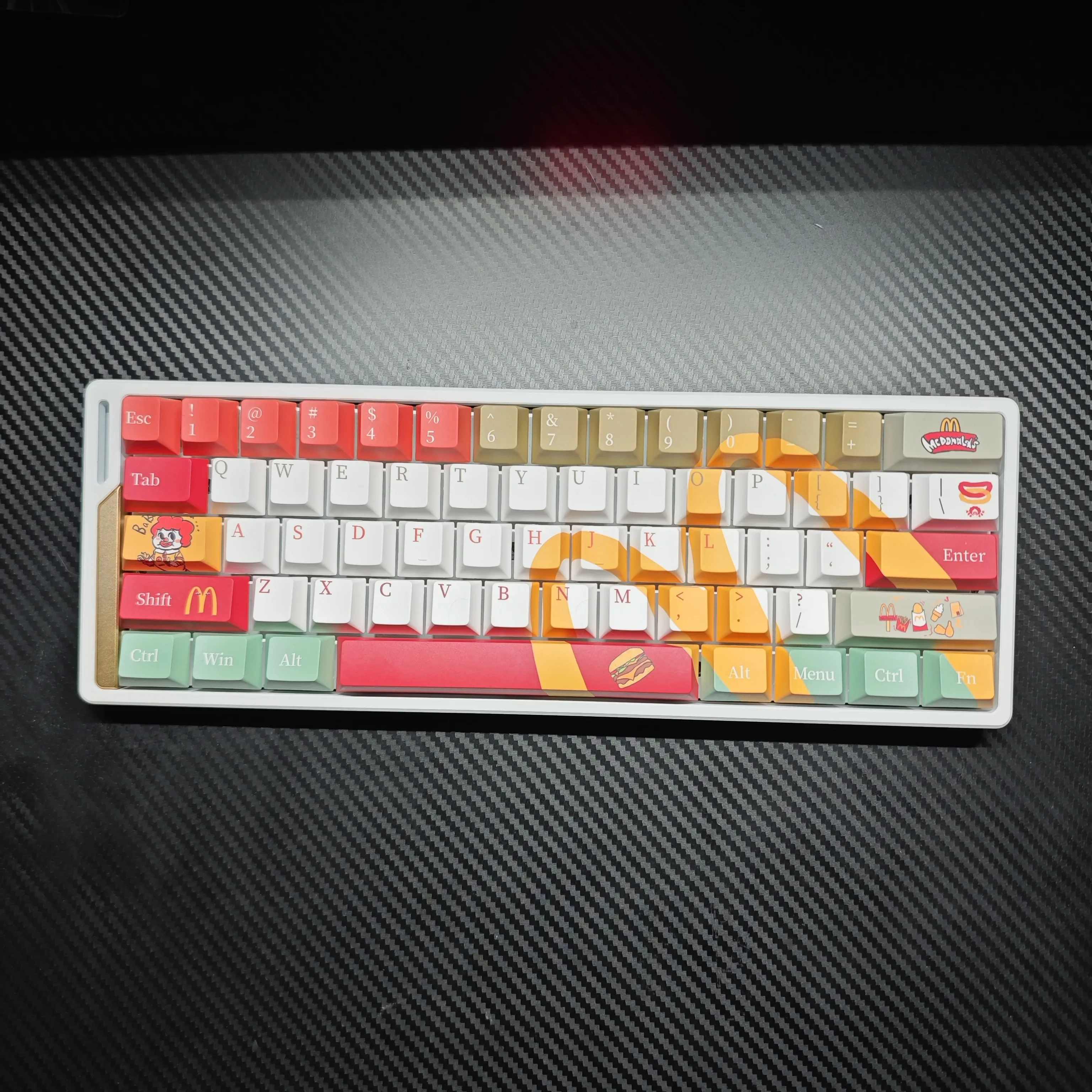 McDonald's Themed Keycaps set, a playful, iconic design featuring bold red and yellow pop culture inspired graphics, bringing nostalgic fun to your keyboard.