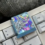 Premium Mobile Suit Gundam Anodized Titanium Keycap in vibrant blue, showcased from multiple angles. Observe the intricate futuristic mecha design and industrial vibes.
