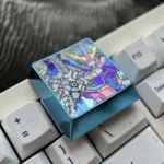 A Mobile Suit Gundam titanium keycap, prominently displaying its bold futuristic mecha design and vibrant metallic sheen, reflecting industrial design.