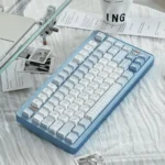 Monsoon Keycap Set. Exquisite blue Cherry keycaps, various angles. Deep blues, gentle whites, subtle grays evoke tranquil rain, flowing water art.