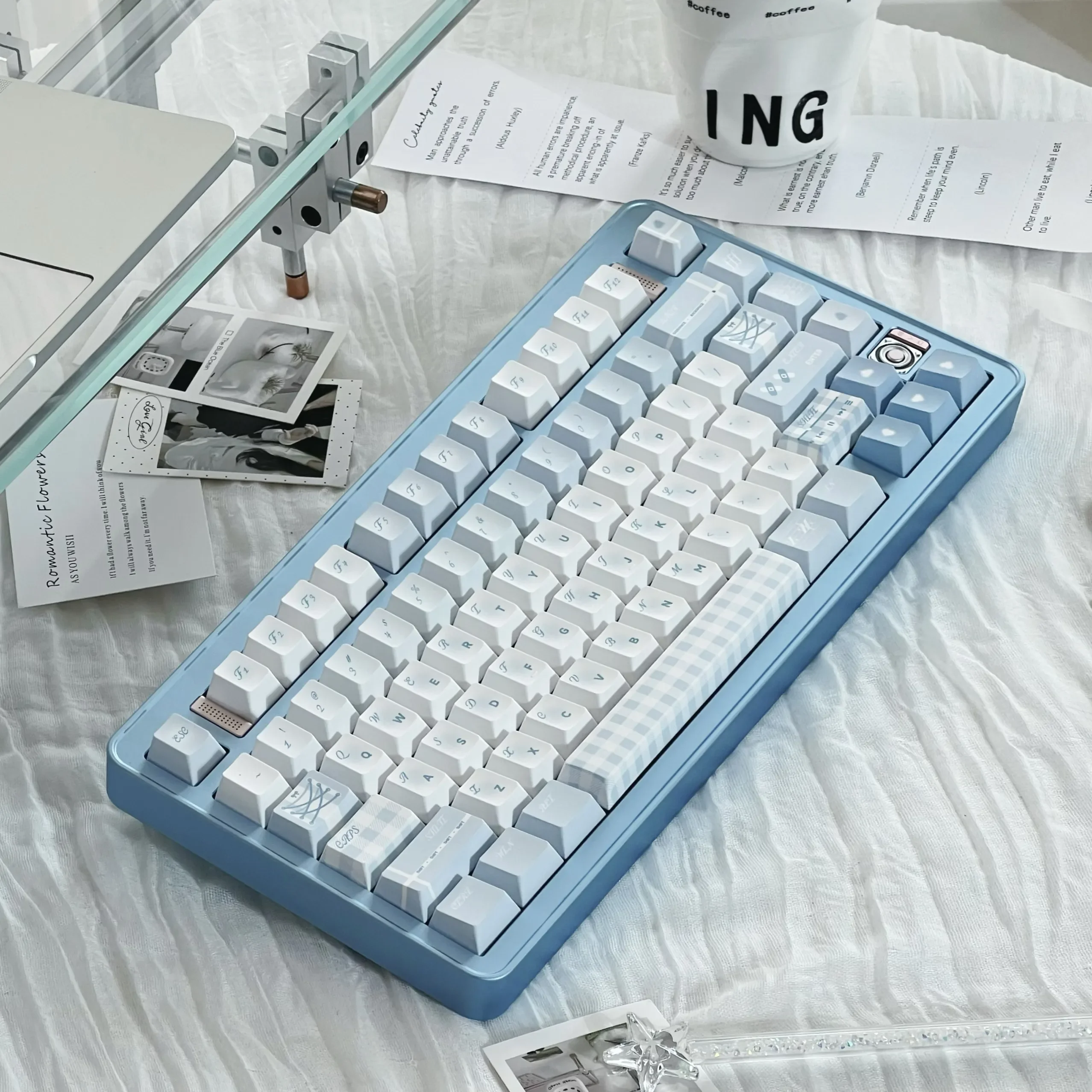 Monsoon Keycap Set. Exquisite blue Cherry keycaps, various angles. Deep blues, gentle whites, subtle grays evoke tranquil rain, flowing water art.