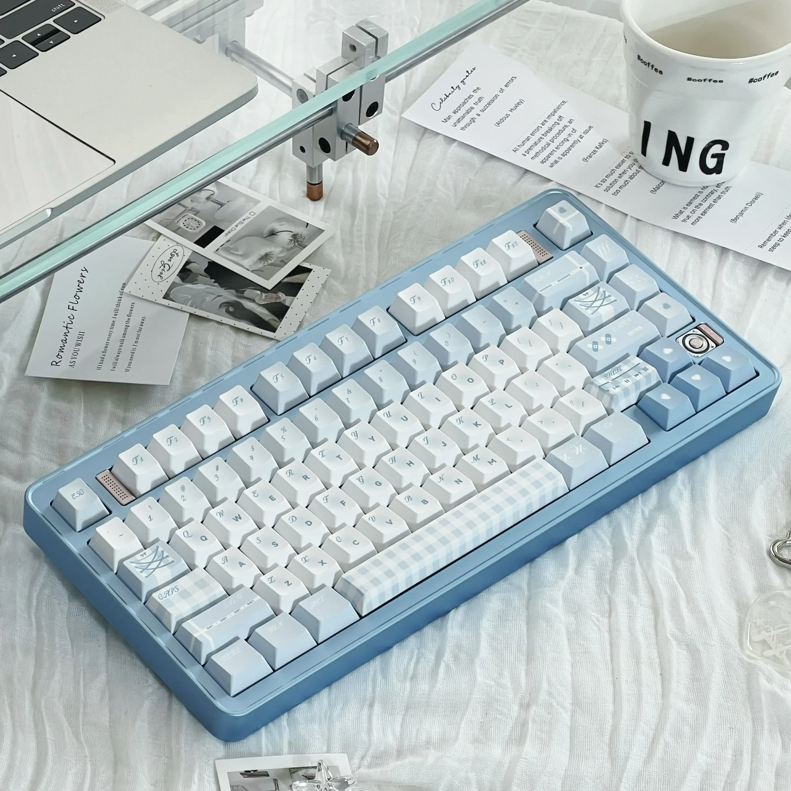 Exquisite Monsoon Keycap Set, a blue Cherry keycap set, featuring serene deep blues, gentle whites, and subtle grays. Evokes tranquil rain and flowing design.