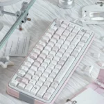 Night Walking Keycap Set gallery. View the whimsical pastel pink and soft white keycaps from multiple angles. Unique original Asian designs.