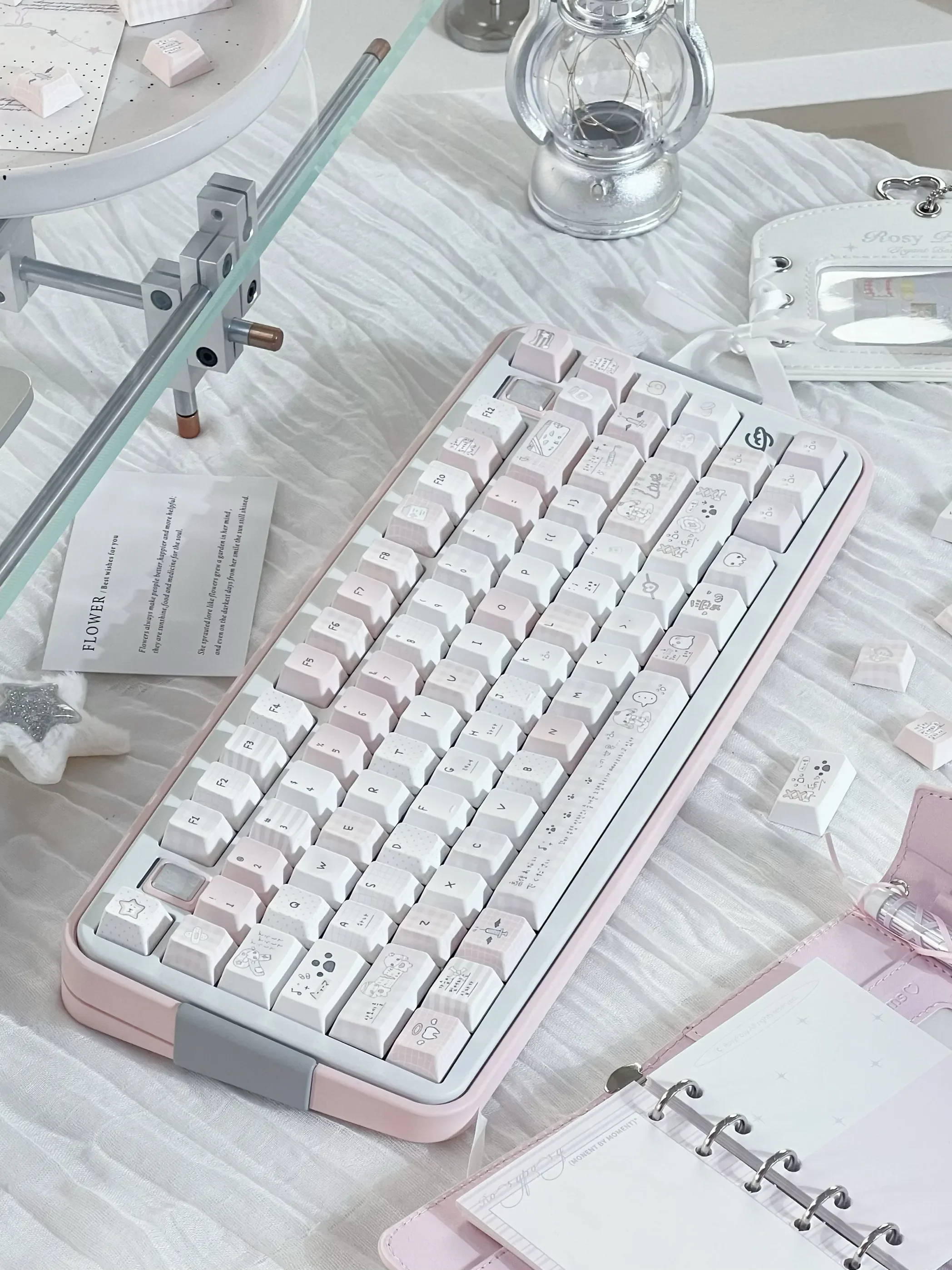 Night Walking Keycap Set gallery. View the whimsical pastel pink and soft white keycaps from multiple angles. Unique original Asian designs.