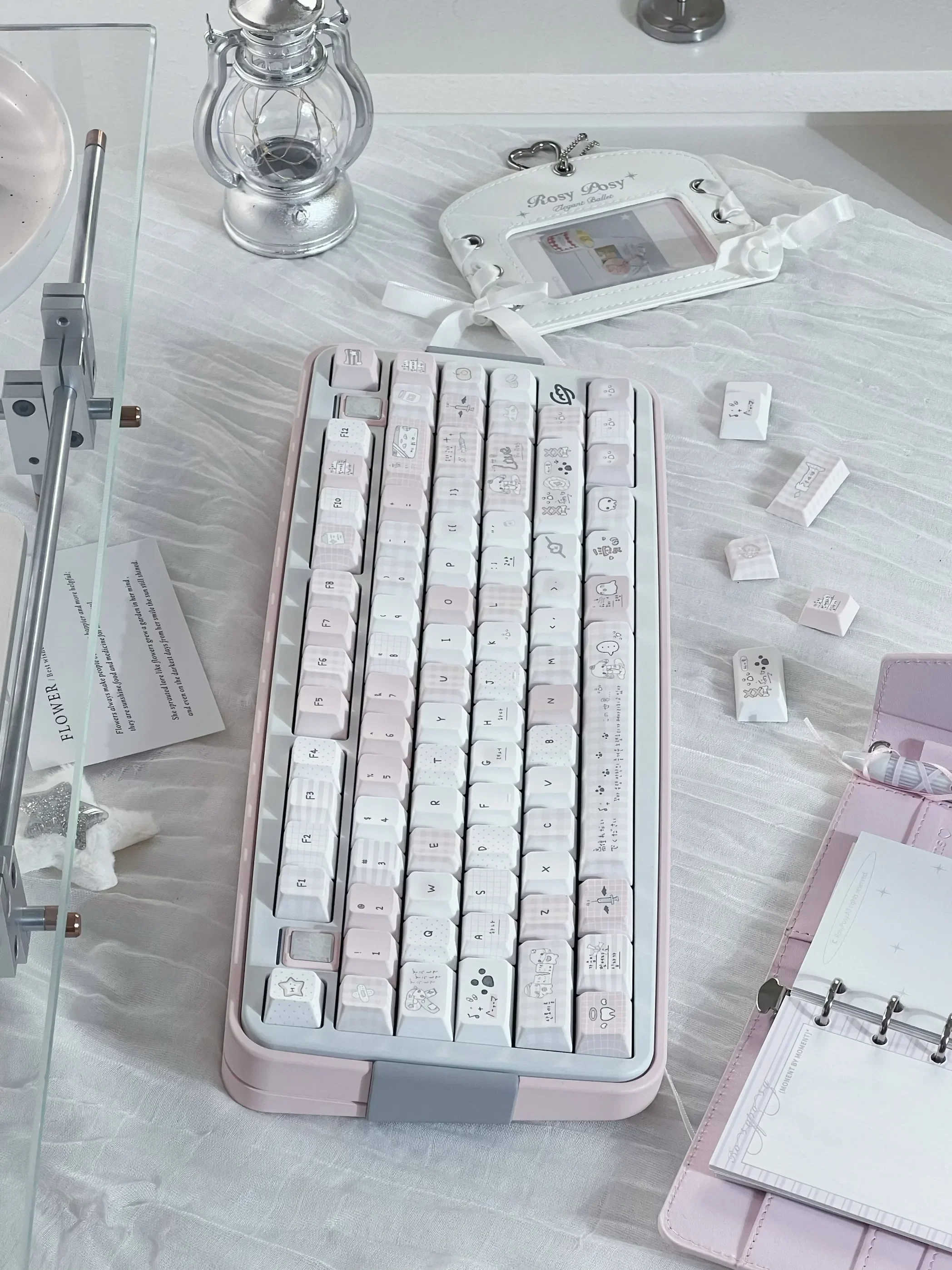 Night Walking keycap set in a collection, displayed from various angles. Showcasing their unique soft pastel aesthetic, cute Asian-inspired.