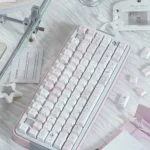 Night Walking Keycap Set. Unique original Asian design with pastel pink and white keycaps. Playful, whimsical motifs create a dreamy design.