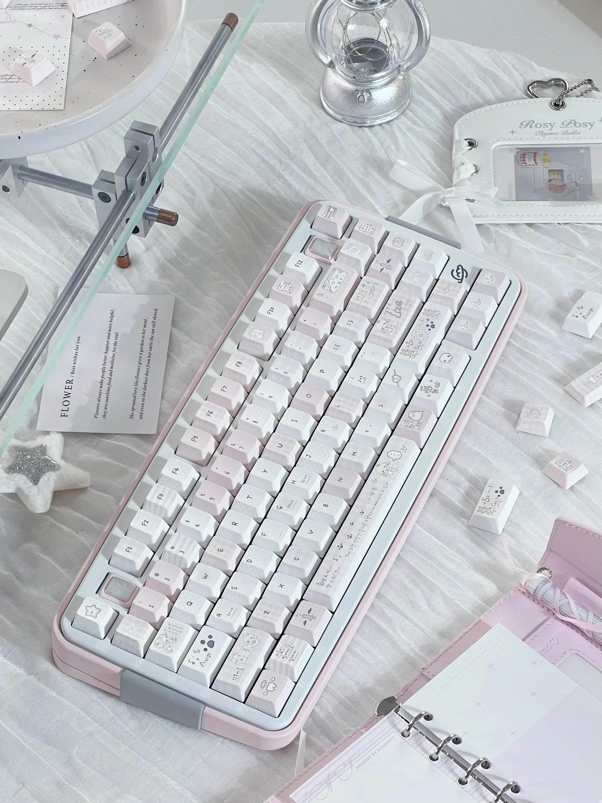 Night Walking Keycap Set. Unique original Asian design with pastel pink and white keycaps. Playful, whimsical motifs create a dreamy design.