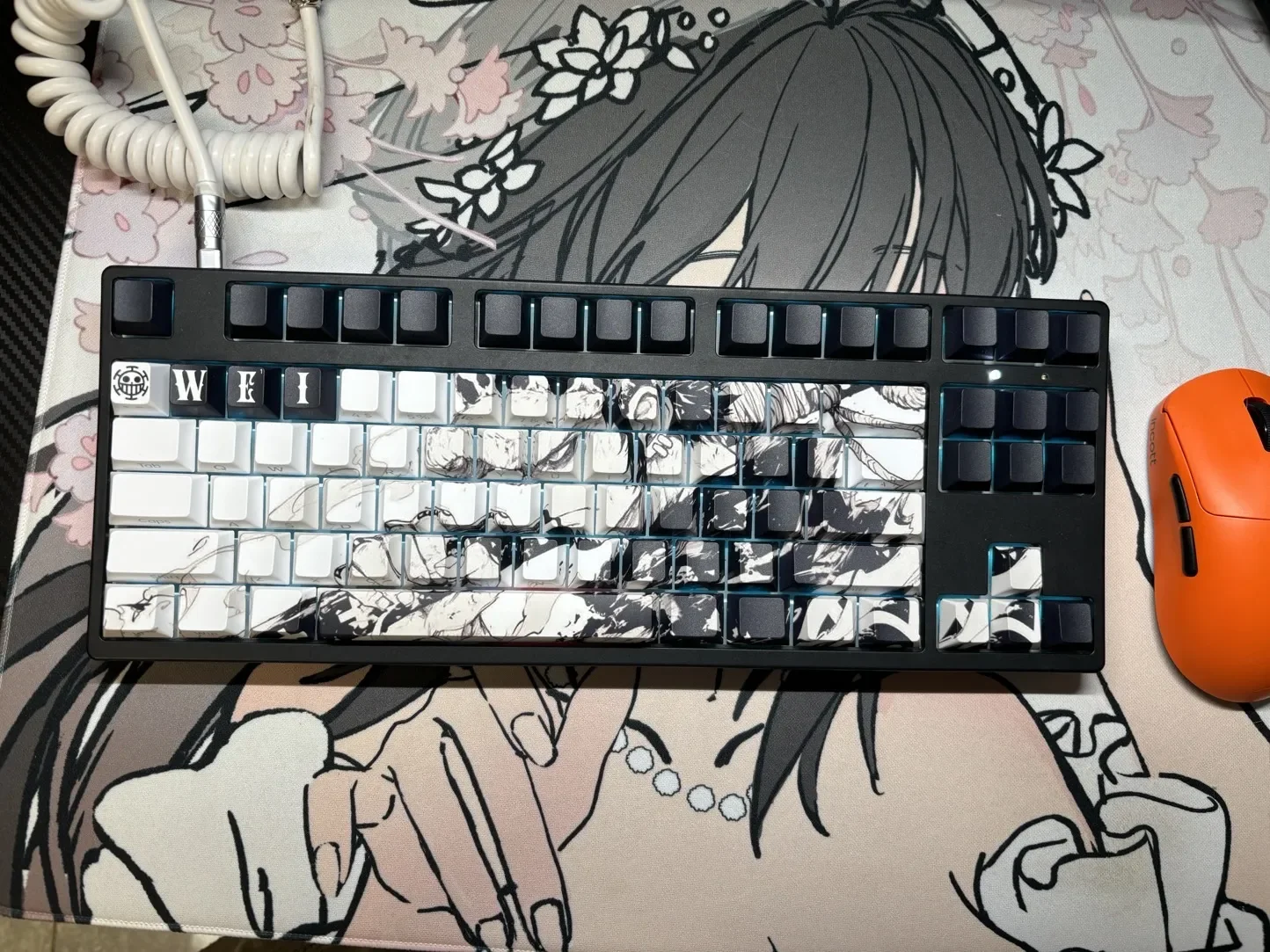 Captivating Trafalgar Law keycaps set, featuring crisp side-engraved legends and vibrant backlight from various angles, perfect for enthusiasts.