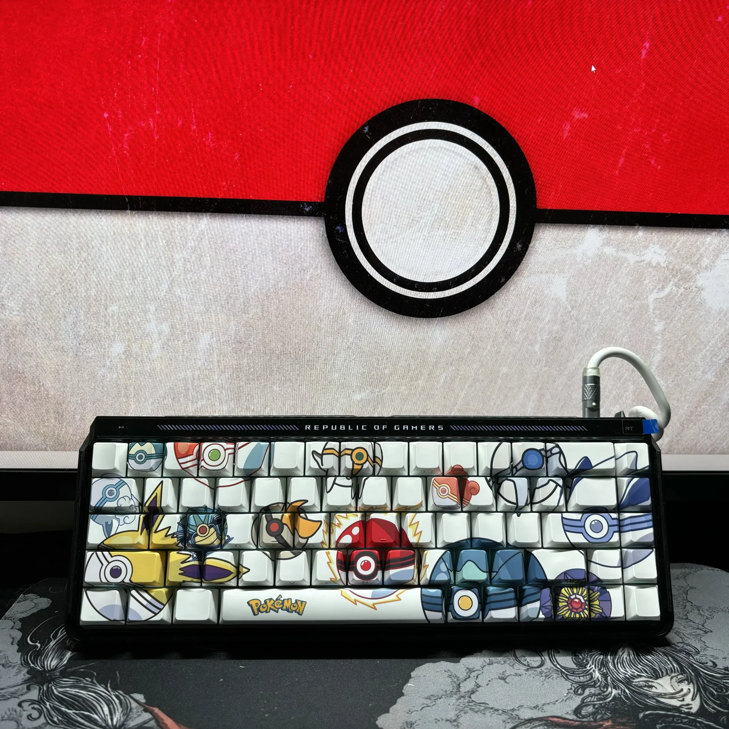 Premium side-engraved Pokemon keycap set displayed on a mechanical keyboard, featuring subtle yet iconic designs for discerning enthusiasts.