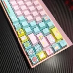 Showcasing the vibrant retro pixel art keycap set from various angles, highlighting the front-engraved 8-bit designs that add playful, classic deisgn,