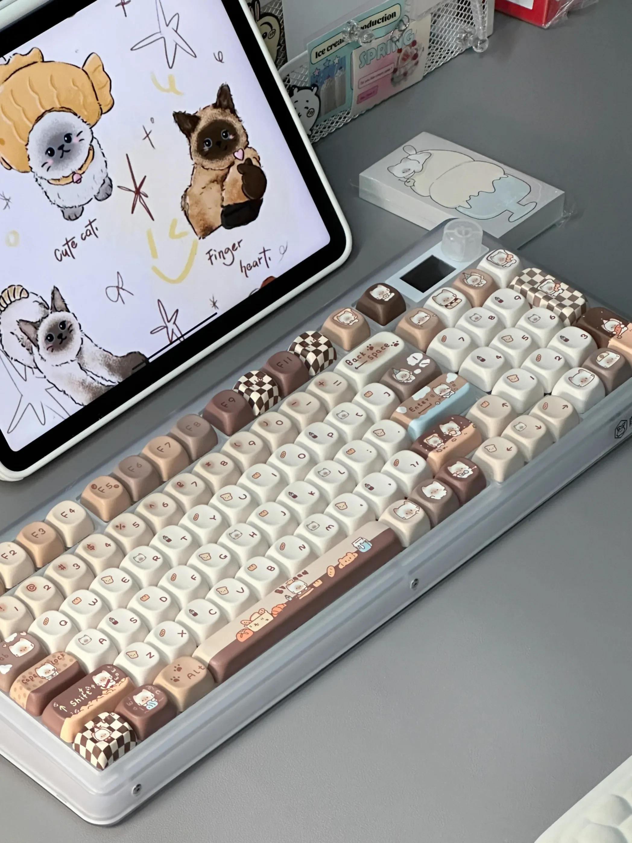 A delightful gallery showcasing the adorable Siamese cat bakery keycap set, highlighting its unique whimsical pastel designs and comfortable MOA Profile.