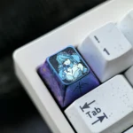 Premium Snowbreak Lyfe Titanium Keycap product images, revealing the durable metal's icy blue futuristic anime aesthetic and intricate design details.