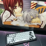 Eternal Elegance Vampire Keycaps set artfully arranged, revealing their side-engraved PBT legends and the dark romantic gothic aesthetic with subtle anime.