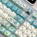 Multiple angles of the vibrant Hatsune Miku mechanical keycap set, showcasing playful character art and musical motifs. An exclusive Miku keycaps