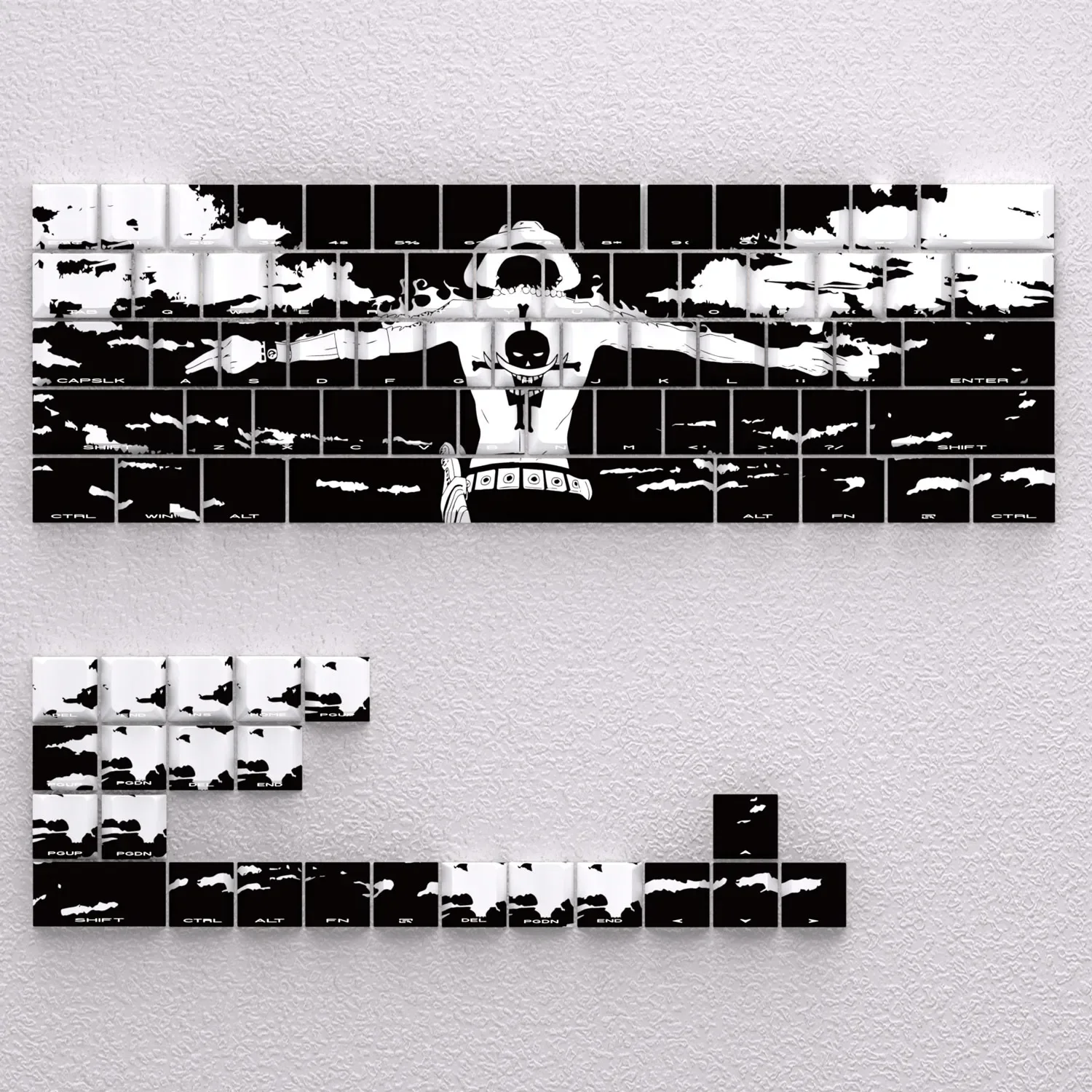 Vibrant Portgas D. Ace PBT keycaps set featuring his iconic fiery spirit, a passionate One Piece anime tribute for mechanical keyboards.