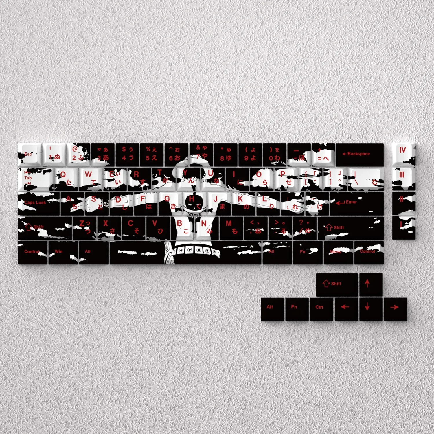 A vibrant display of iconic Portgas D. Ace PBT keycaps, embodying the fiery spirit of the One Piece anime hero.