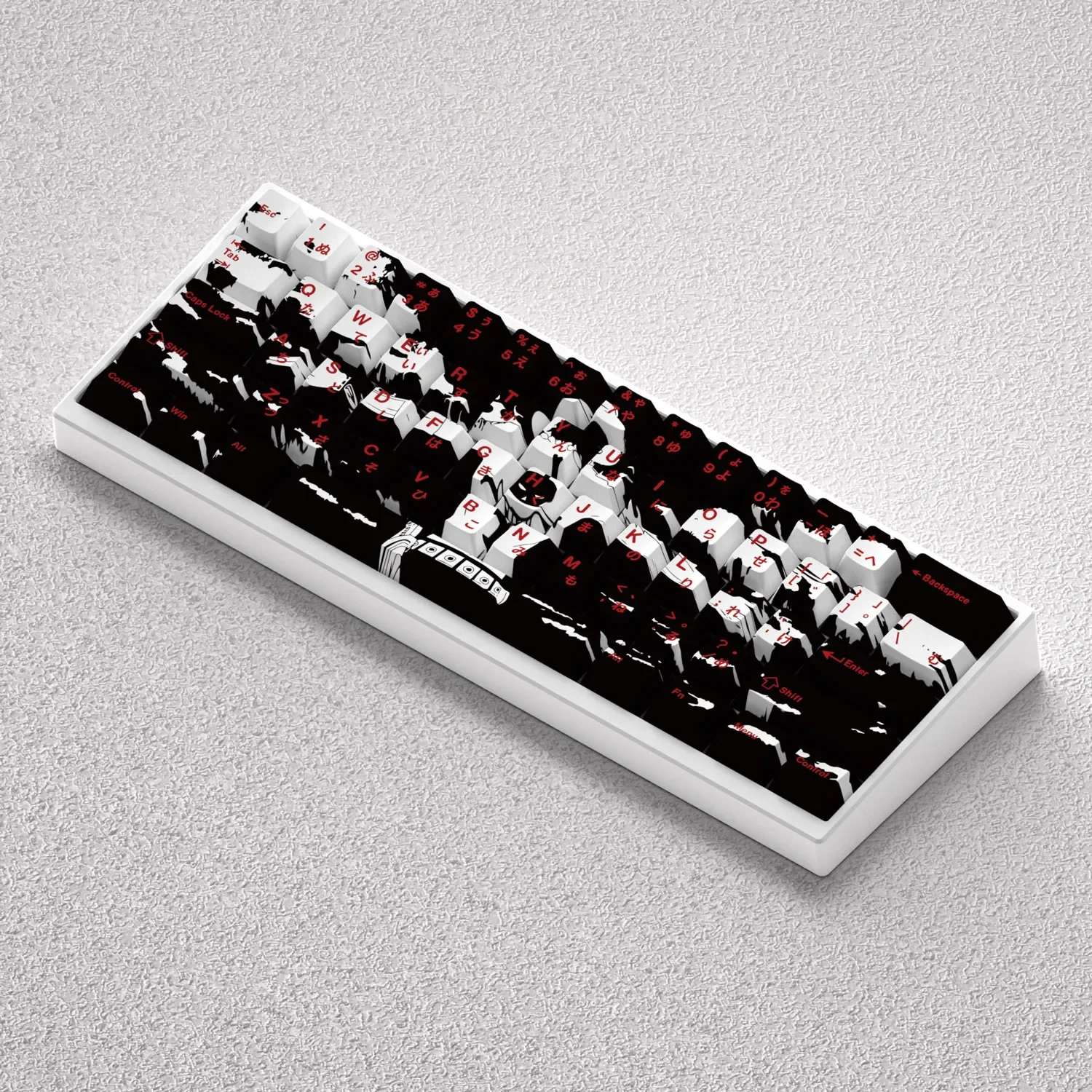 Multiple views of the iconic Portgas D. Ace PBT keycap set, highlighting its vibrant, fiery One Piece anime tribute on mechanical keyboards.