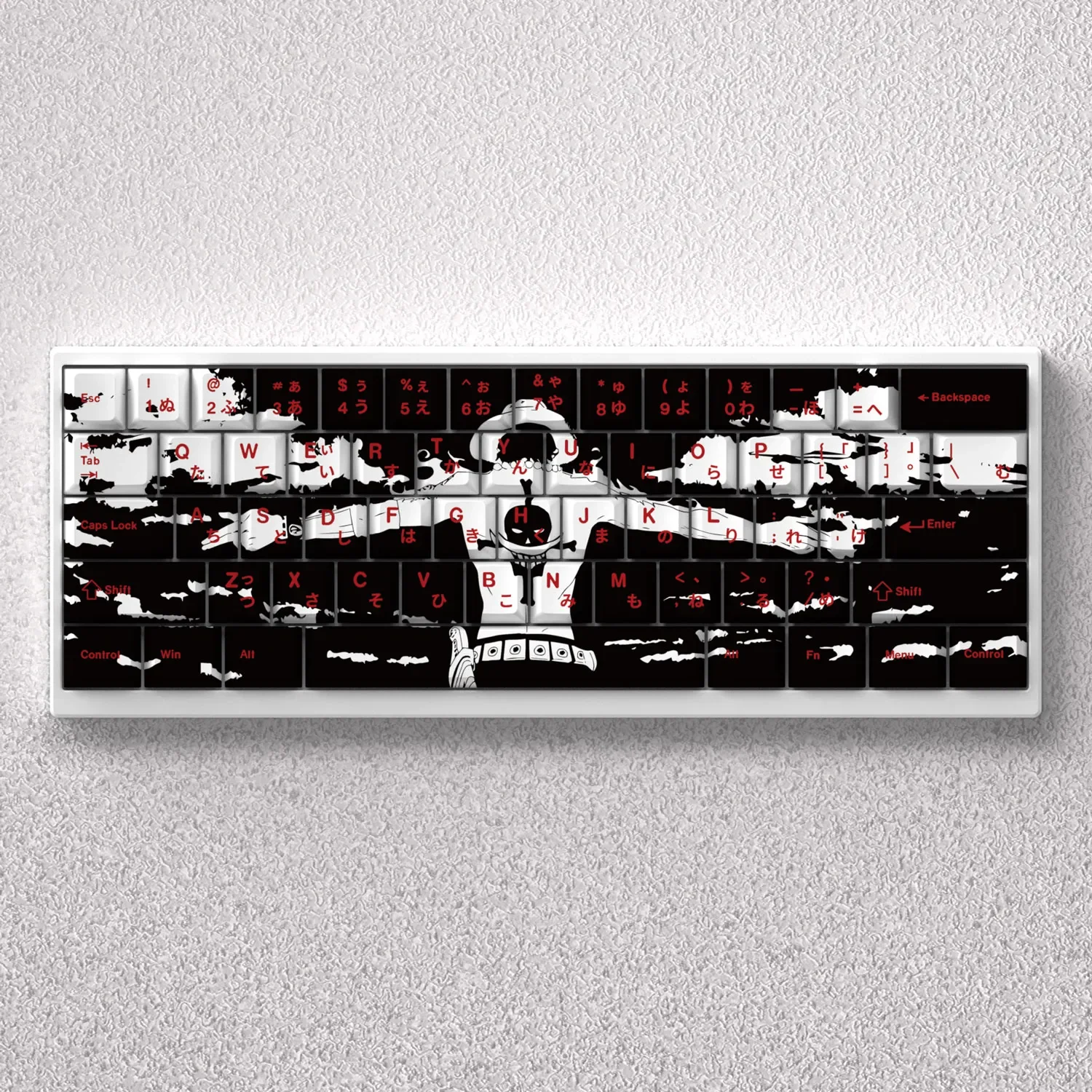 Iconic Portgas D. Ace PBT keycaps set for mechanical keyboards, displaying vibrant fiery anime designs embodying his burning spirit.