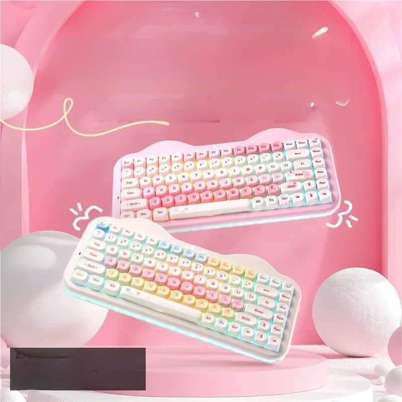 Bubbly pastel C75 tri-mode custom keyboard. Features hot-swappable switches and vibrant RGB, perfect for a playful setup.
