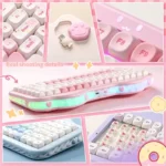 Multi-view of the playful C75 tri-mode custom keyboard, highlighting its hot-swappable design and vibrant pink RGB glow.