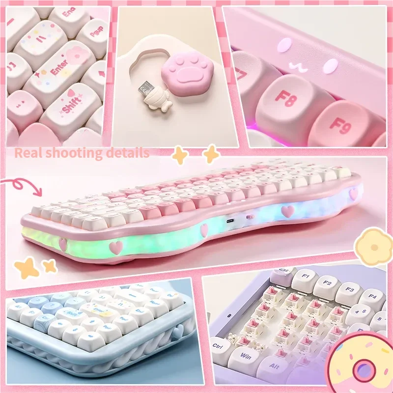 Multi-view of the playful C75 tri-mode custom keyboard, highlighting its hot-swappable design and vibrant pink RGB glow.