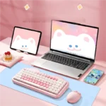 Vibrant C75 tri-mode custom keyboard from various angles, highlighting its pastel pink, hot-swappable design, and refreshing RGB glow.