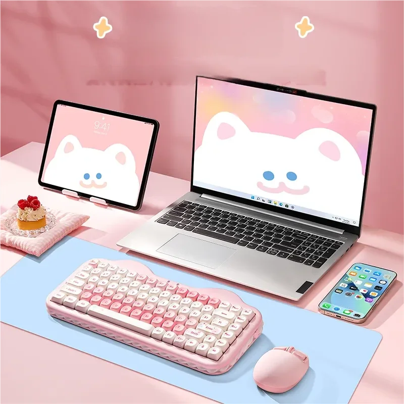 Vibrant C75 tri-mode custom keyboard from various angles, highlighting its pastel pink, hot-swappable design, and refreshing RGB glow.