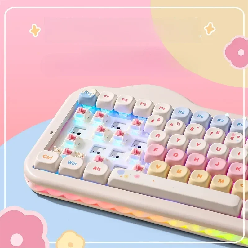 Explore the C75 Tri-Mode Custom Keyboard from every angle, highlighting its hot-swappable switches, vibrant RGB, and refreshing pastel design.