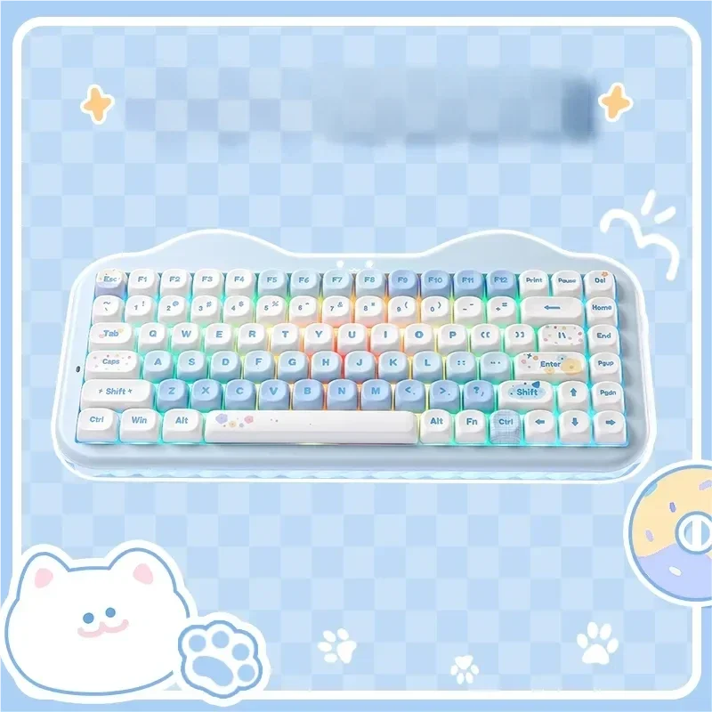 Playful pastel C75 tri-mode custom keyboard, vibrantly lit with RGB, highlighting its hot-swappable switches for ultimate design.