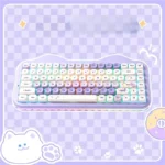 Vibrant C75 tri-mode custom keyboard in pastel pink, showcasing its hot-swappable design and refreshing RGB lighting.