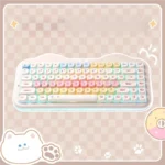 A playful C75 tri-mode custom keyboard in pastel pink, showcasing its vibrant aesthetic and hot-swappable design, perfect for a feline fans.