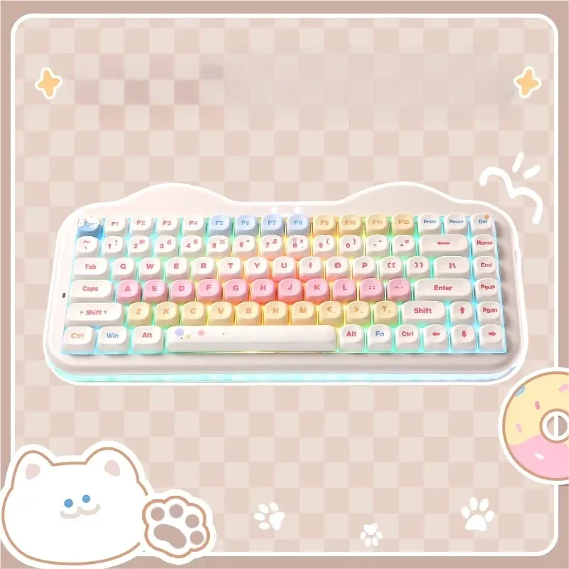 A playful C75 tri-mode custom keyboard in pastel pink, showcasing its vibrant aesthetic and hot-swappable design, perfect for a feline fans.