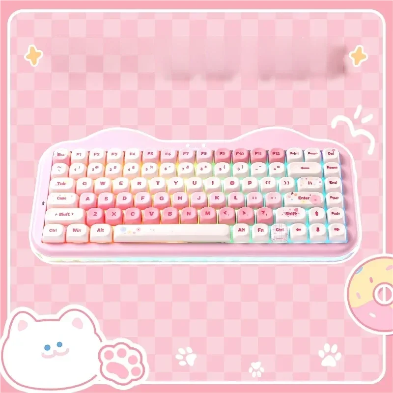 A playful pastel C75 tri-mode custom keyboard brightly illuminated by vibrant RGB lighting, highlighting its hot-swappable design.