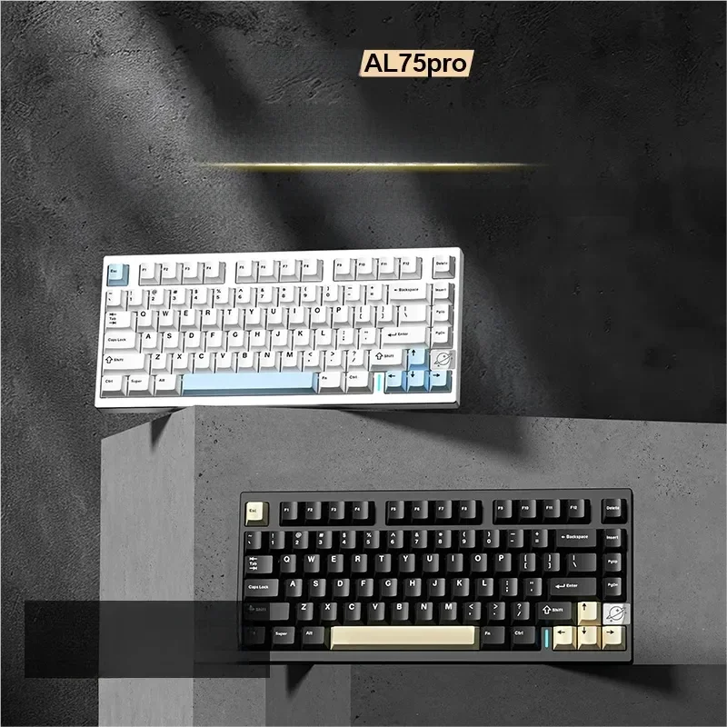 AL75PRO tri-mode hot-swappable 75% aluminum mechanical keyboard in sleek anodized black with vibrant RGB. Experience premium tactile excellence.