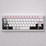 Playful Alisa Mikhailovna Kujou PBT keycap set displayed from another angle, revealing charming schoolgirl illustrations and vibrant pastel keys for custom keyboard.