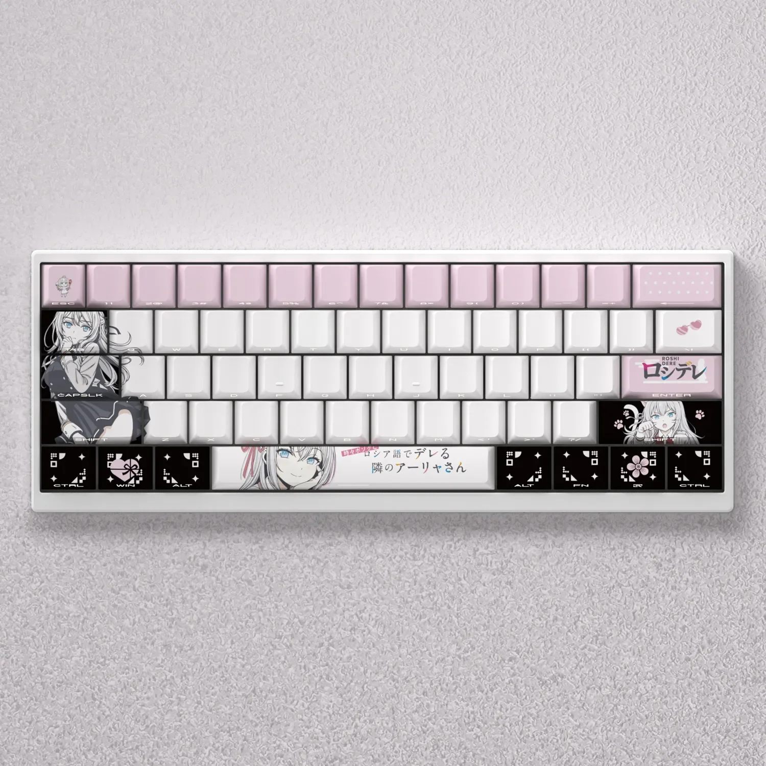 Playful Alisa Mikhailovna Kujou PBT keycap set displayed from another angle, revealing charming schoolgirl illustrations and vibrant pastel keys for custom keyboard.