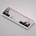 Showcase of the exclusive Alisa Mikhailovna Kujou PBT keycap set, featuring charming schoolgirl designs and vibrant pastel illustrations for custom mechanical keyboard.