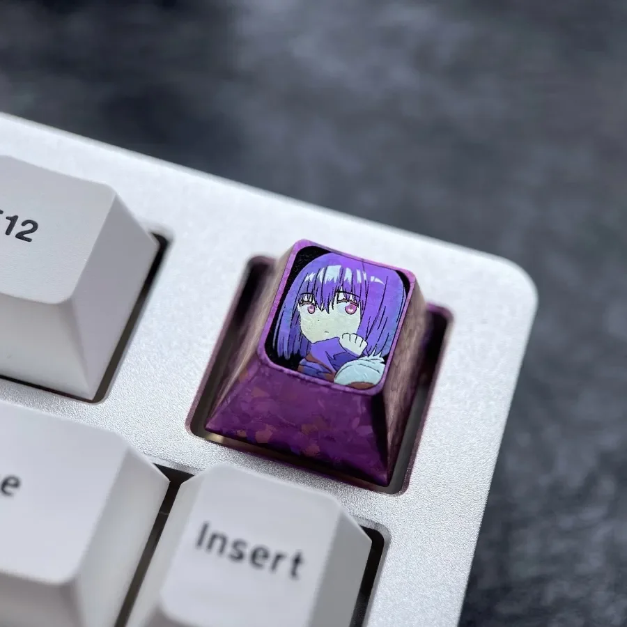 Vibrant Shinjo Akane anime keycap made of striking purple titanium. This exclusive ESC keycap showcases premium metallic craftsmanship.