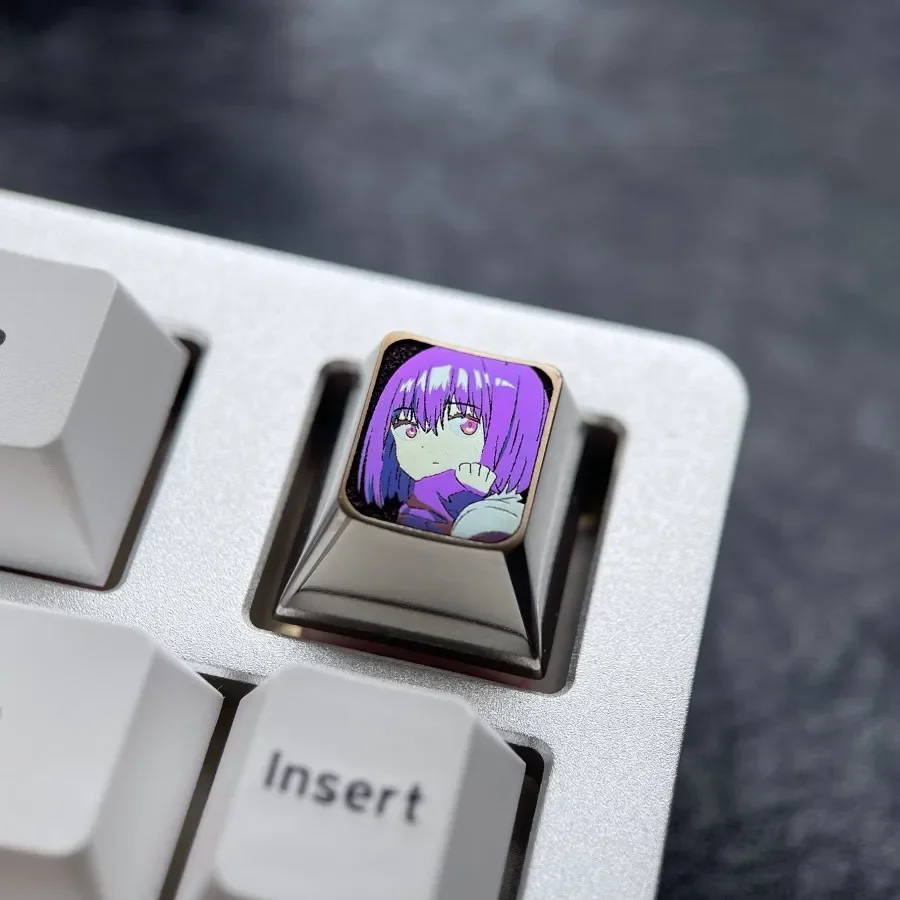 Exclusive Shinjo Akane anime titanium ESC keycap. Vibrant purple character art showcases premium metallic craftsmanship for custom keyboards.