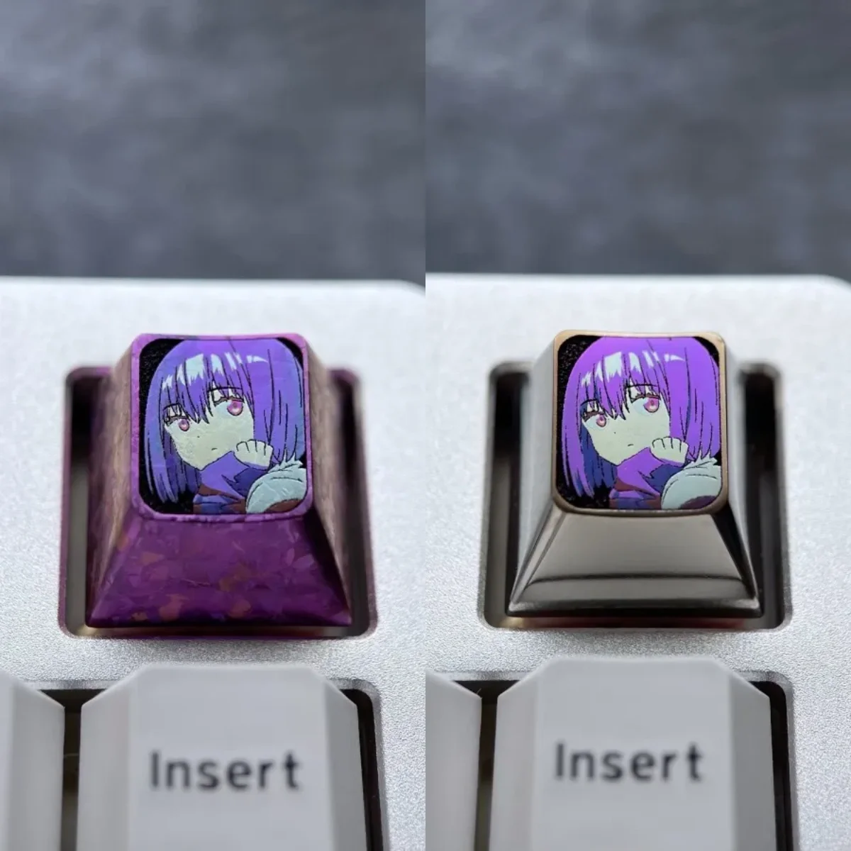 Striking purple titanium Shinjo Akane anime keycap for ESC custom mechanical keyboards, an exclusive art piece with vibrant character design.