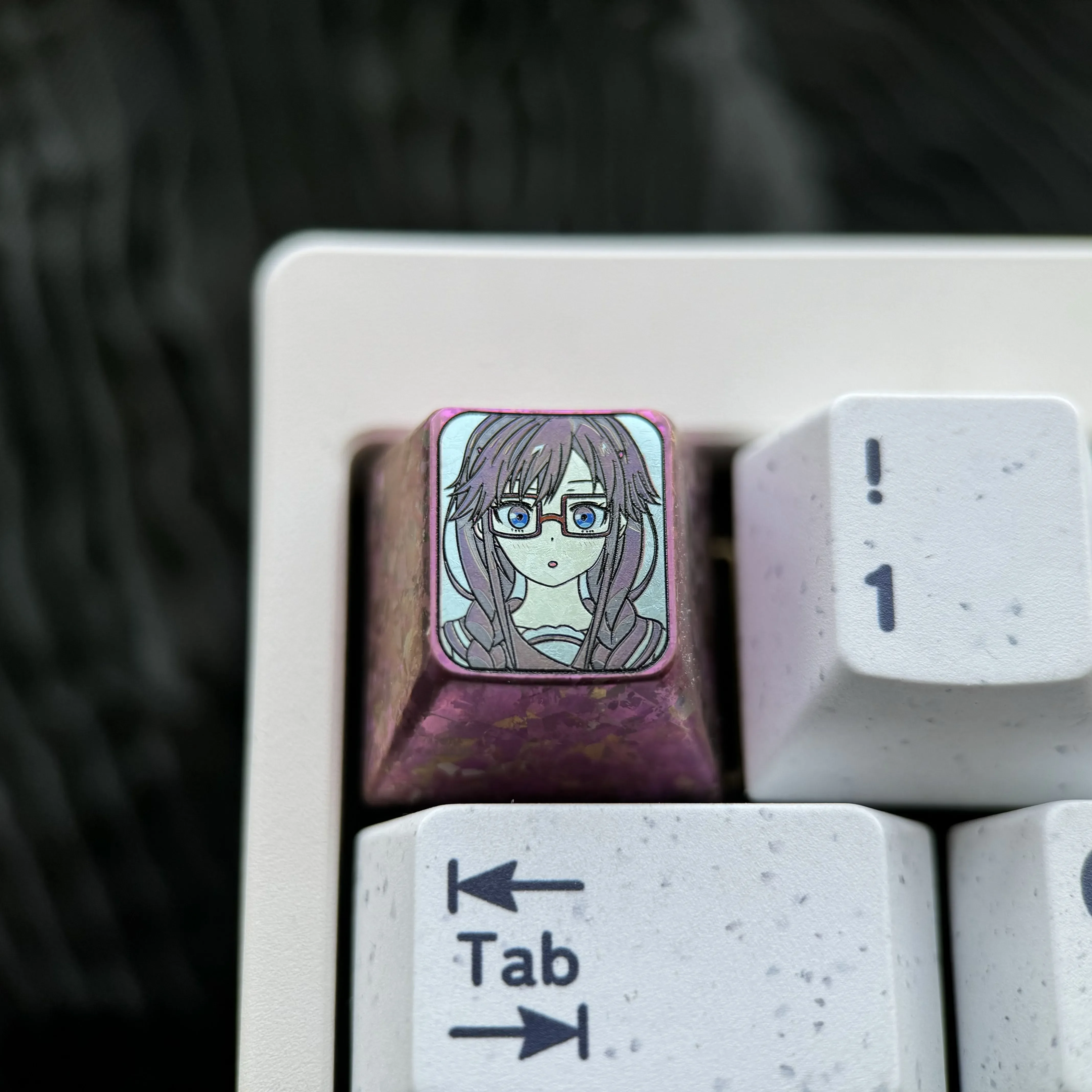 Exclusive Sumireko Sanshokuin anime titanium keycap in shimmering ice crystal purple, showcasing vibrant character art for a premium mechanical keyboard.