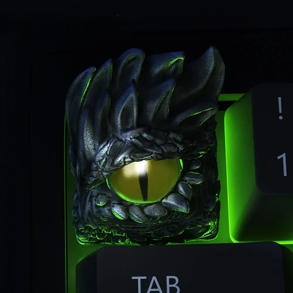 Captivating handmade artisan ESC keycap masterpiece, featuring a unique mysterious creature with piercing red eyes and a dark, artistic aesthetic.